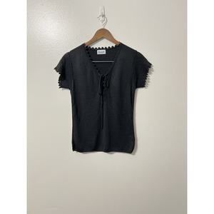 VTG 70s Keneth Knit Crochet Sleeve Top Black Whimsigoth Grunge Gothic Lace Up V